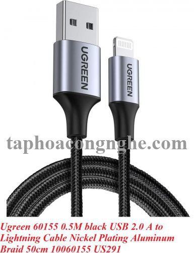 Ugreen 60155 0.5M màu đen cáp MFI USB 2.0 A ra Lightning đầu bọc nhôm mạ nickel chống nhiễu 50cm US291 30060155